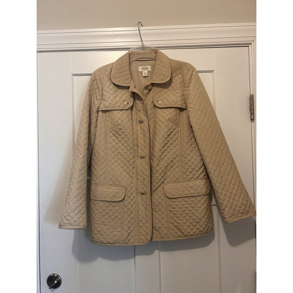 Talbot’s Woman Beige Quilted Winter Zip Snap Coat Size Medium Chore Barn Jacket